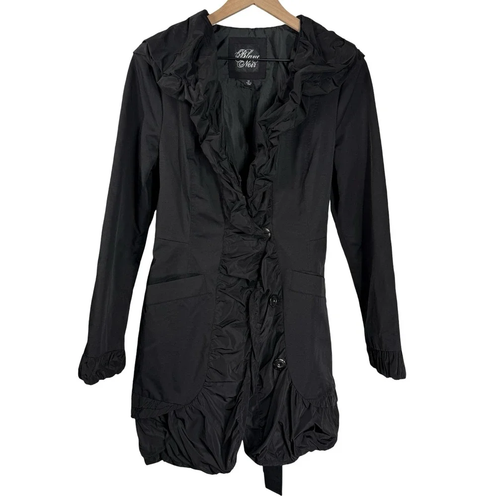 Blanc Noir Womens Black Ruffle Trim Trench‎ Coat Jacket SAM384 Medium